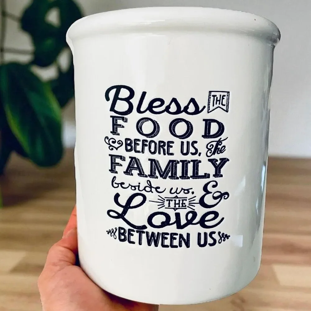 NWT Devotions Bless the Food Utensil White Ceramic Inspirational Container Jar